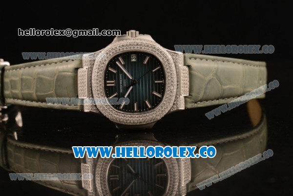 Patek Philippe Nautilus Miyota 9015 Automatic Diamonds/Steel Case with Blue Dial Diamonds Bezel and Green Leather Strap (AAAF) - Click Image to Close